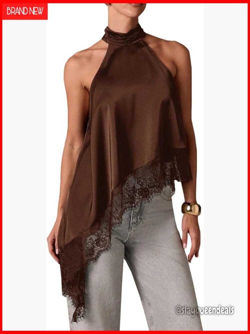 Satin Halter Top Mock Neck Lace Trim Asymmetrical Hem Crop Tank